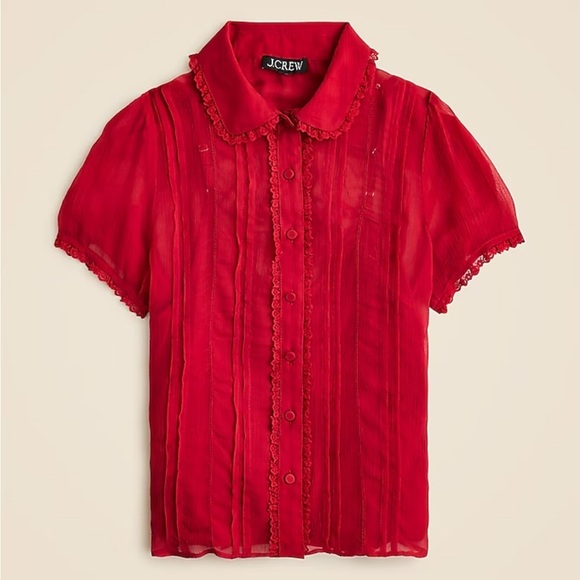 J crew Persian red Sheer lace-trim button-up shirt - Picture 4 of 6